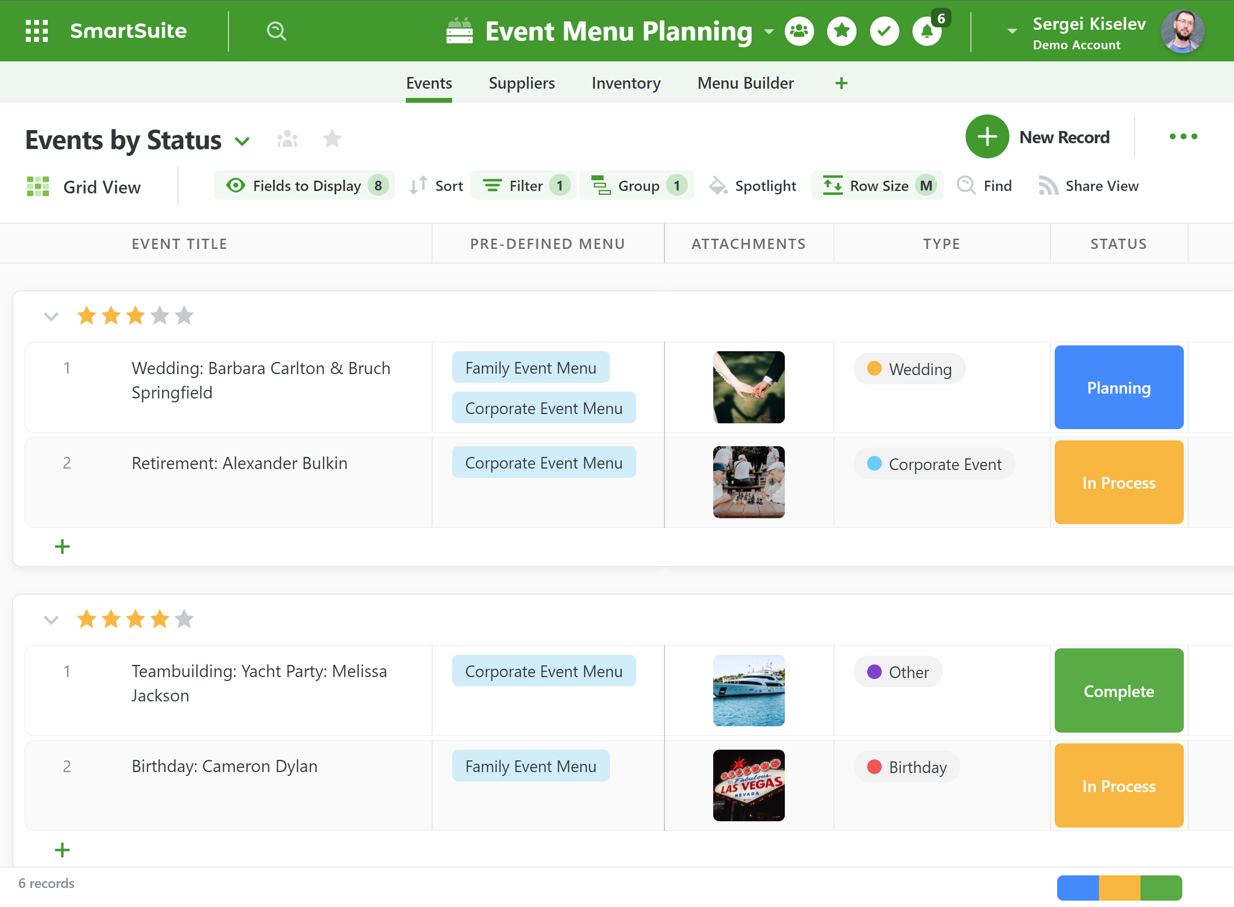 SmartSuite grid view of event records grouped by status