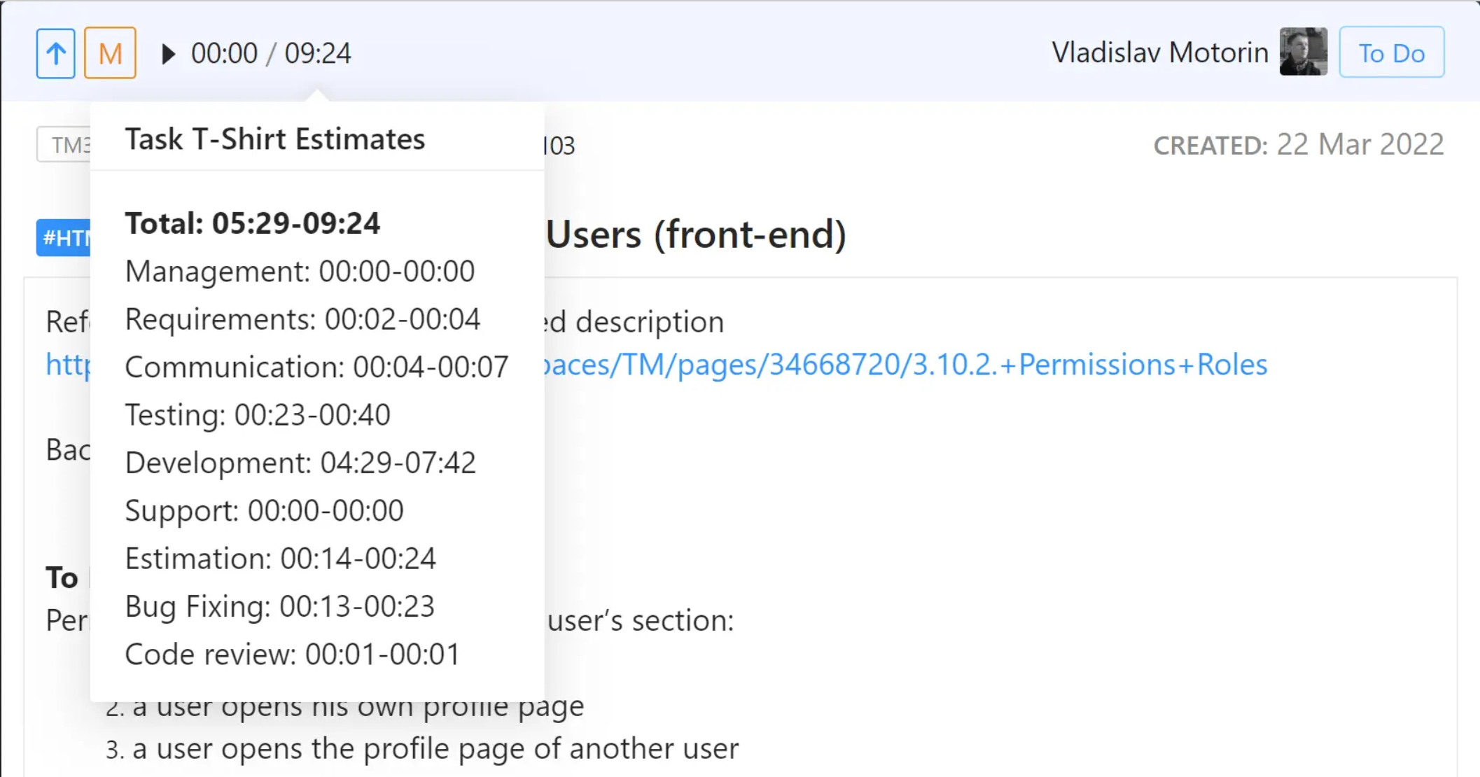 Task card showing T-shirt estimate ranges broken down by activity type