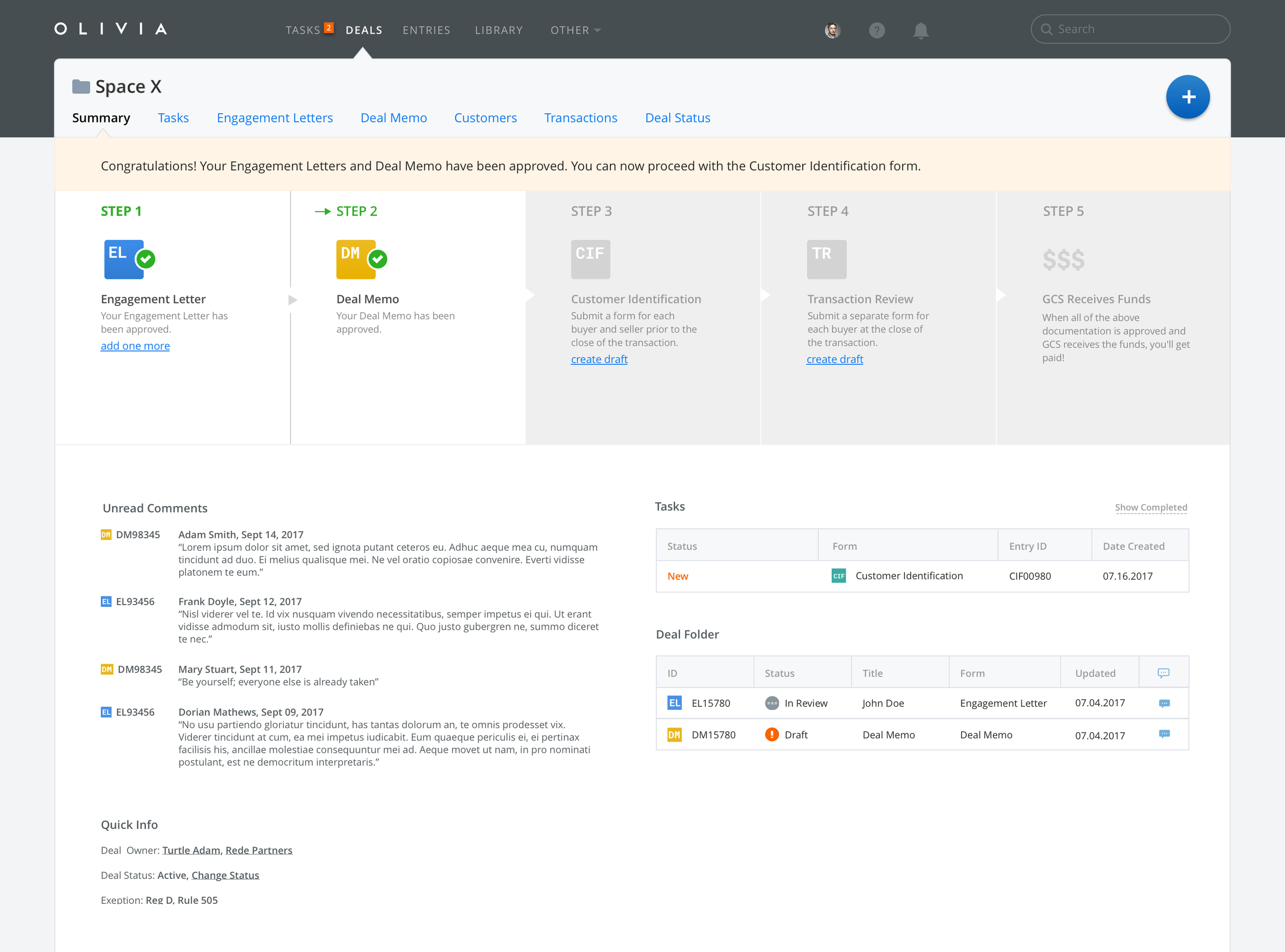 OLIVIA deal summary with a five-step approval workflow