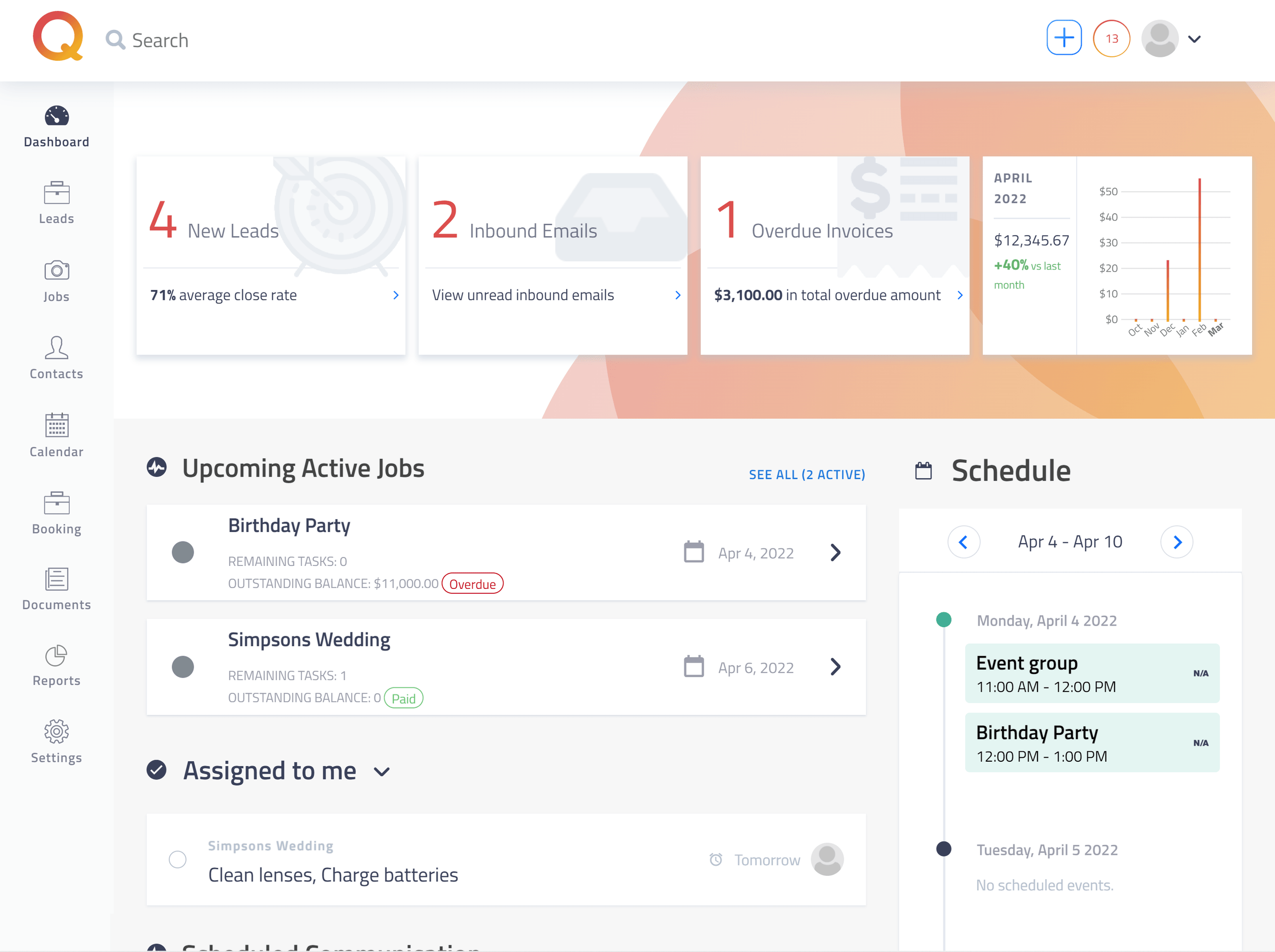 ShootQ dashboard with leads, invoices and job schedule